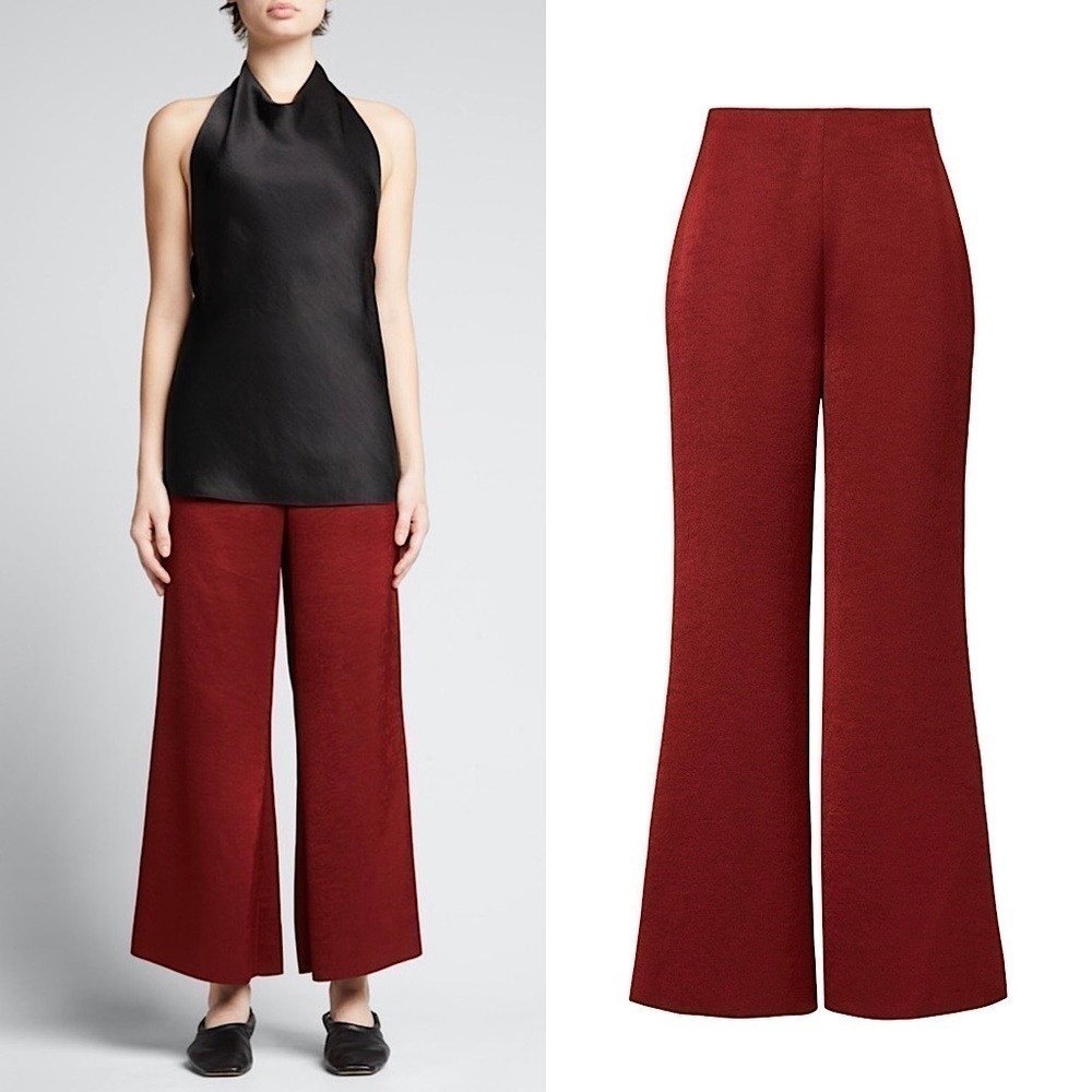 VINCE Crimson‎ Satin High Rise Wide Leg Flowy Flare Trouser Pants 6 - Picture 5 of 9